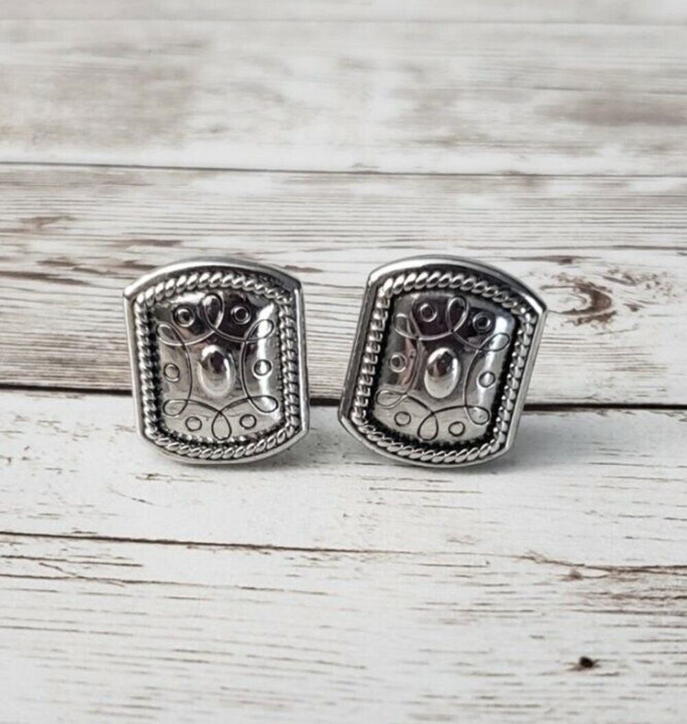 Vintage Clip On Earrings Ornate Silver Tone Rectangular Shape